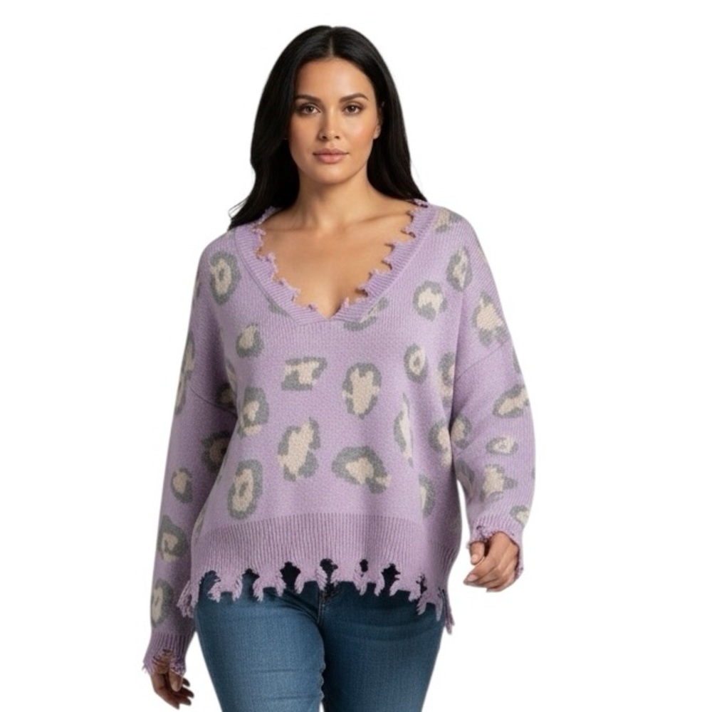 Miracle Lavender Animal print V-Neck Long Sleeve Sweater - Picture 3 of 7